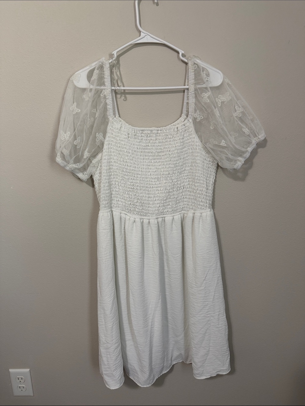 White Smocked Midi Dress with Sheer Puff Sleeves